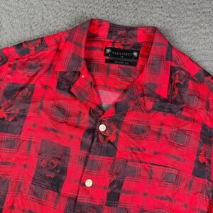 AllSaints Shirt Mens XS Red Camp Loop Collar Plaid Roses Floral Fritillaria